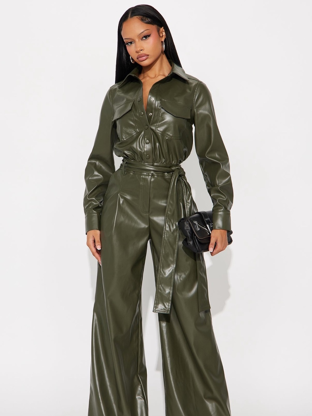 Fashion Nova Olive Faux Leather Belted Utility Jumpsuit